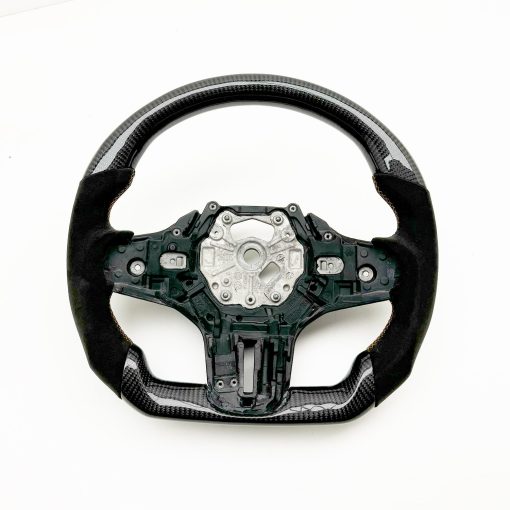 SHFT BMW G8X Flat Bottom Steering Wheel In Gloss Carbon Fibre & Alcantara With Orange Stitching (G80 M3, G82 M4 & G87 M2)