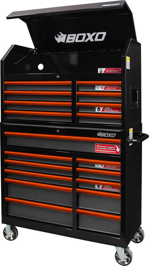 BOXO 41" 19 Drawer Toolbox Stack with Drawer Trim Pack - Black Body & Trim Colour Options - Image 8